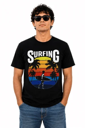 Men's Surfing Graphic Printed Cotton T-Shirt by Groeat