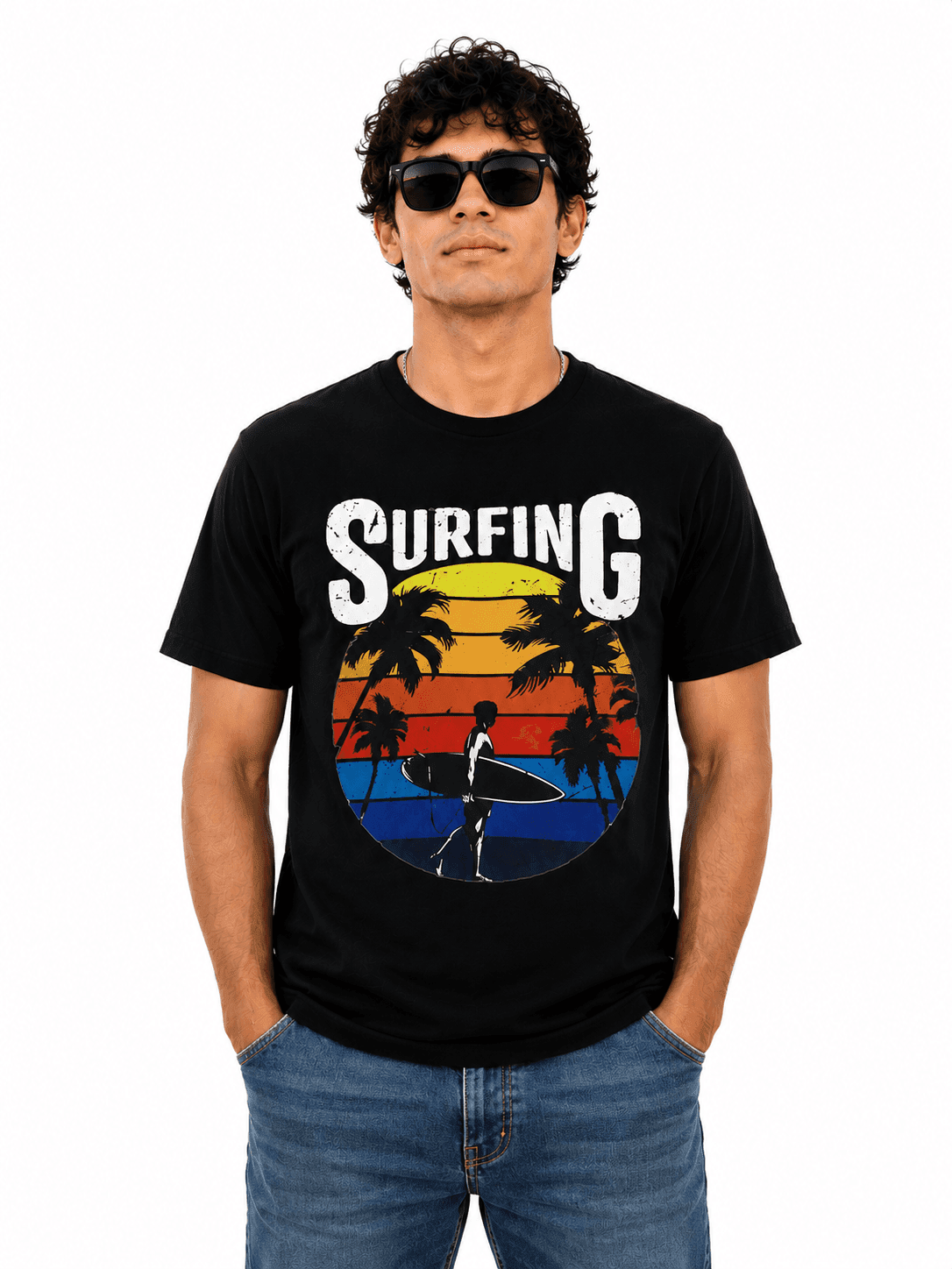 Men's Surfing Graphic Printed Cotton T-Shirt by Groeat